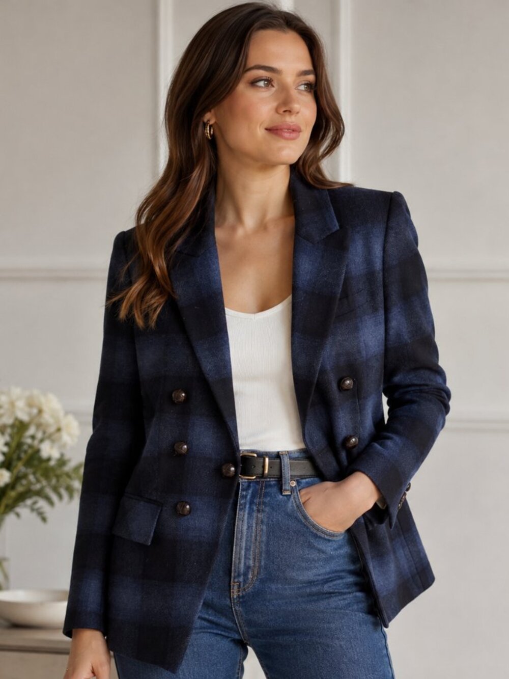 Veronica Beard Matteo Blue and Black Plaid Long Dickey Blazer Jacket